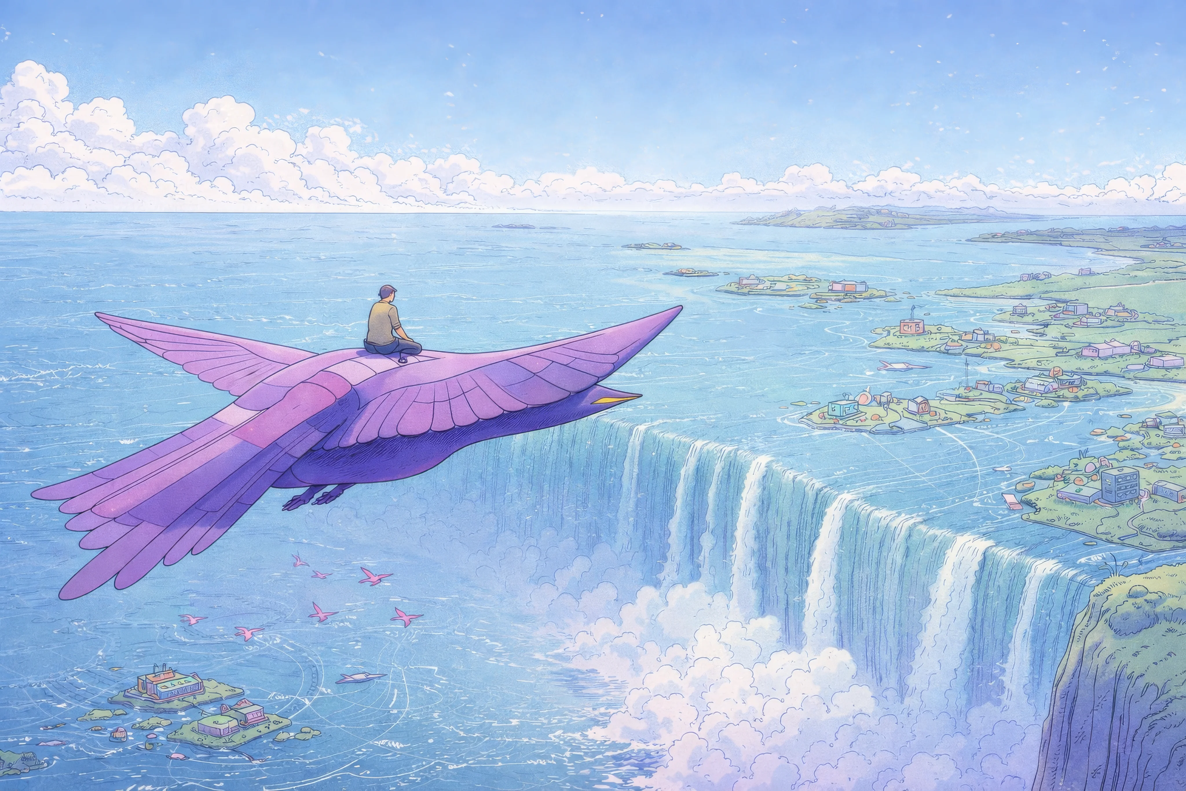 Person riding a large purple bird over a coastal landscape with waterfalls